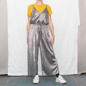 Strappy Pleated Shiny Silver Jumpsuit  XS